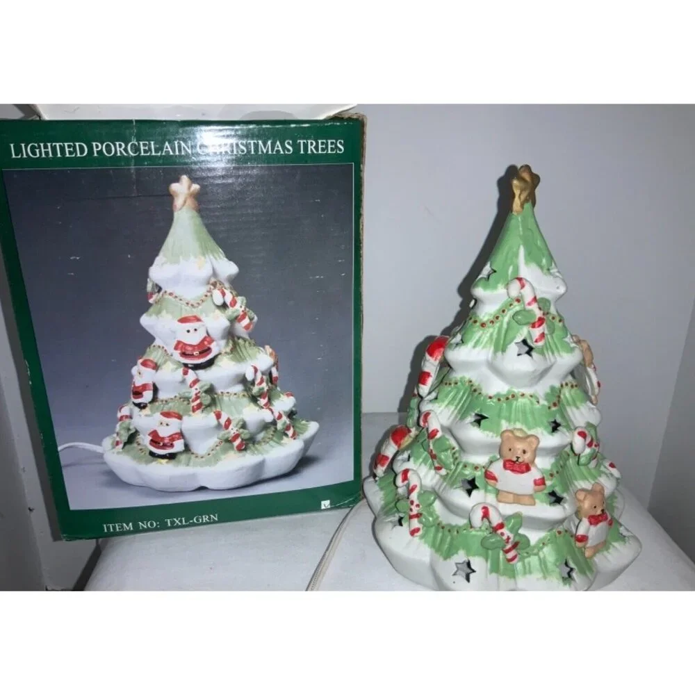 Light Ceramic Porcelain Christmas Tree with Teddy Bears Santa Candy Canes - Picture 2 of 8